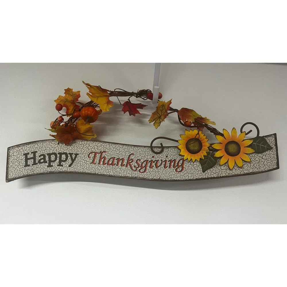 Happy Thanksgiving Wall Sign Rustic Harvest Decor Sunflowers Pumpkins 22